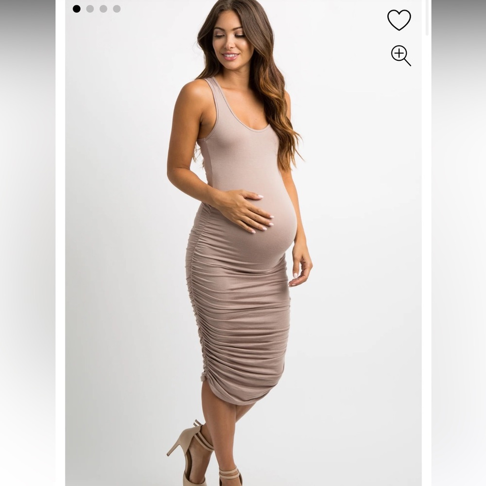 Mocha Solid Ruched Fitted Maternity Bodycon Midi … - image 1